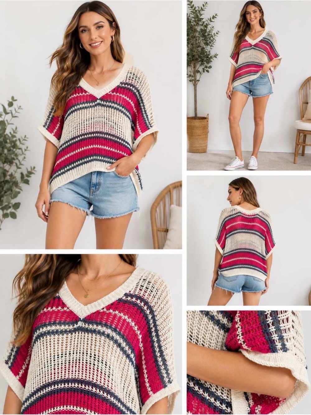 NWT POL Pink Striped Open Stitch V Neck Poncho Knit Sweater size M/L slouchy